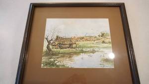 lot 142 image: Framed & Matted Picture Of Hut Homes & Cattle & Foliage--( Pameran Lukusan Fidrus L. )