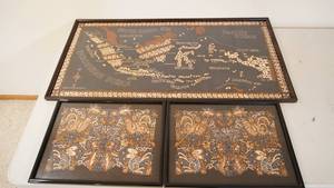 lot 159 image: Three Black Framed Pictures (Made In Yogya, Indonesia)--Large picture Is A Map Of Pacific Ocean-So. China Sea & Indonesia Sea, Etc.