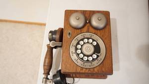 lot 160 image: Antique Old Brown Wood Dial Telephone--10 12 Tall  x  7 Wide  x  4 12 Deep