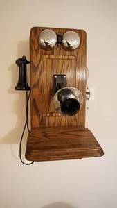lot 161 image: Antique Wall Telephone--23 Tall  x  9 12 Wide  x  13 Deep