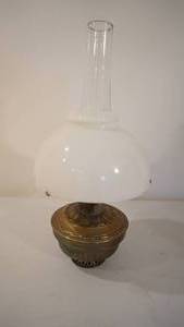lot 164 image: Brass Colored Kerosene Lamp W White Shade & Clear Glass Chimney--21 Tall  x  10 Wide