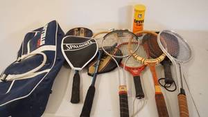 lot 177 image: Seven Rackets For Tennis-Racquetball-Squash Balls-Tennis Balls, Etc. In Canvas Carrying Case