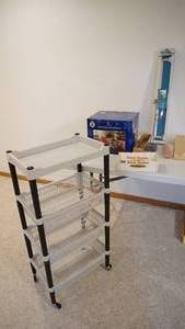 lot 186 image: Candle Holder & Candles--Dutch Masters Cigar Box--7 Pc. Christmas Centerpiece--24 Futura Towel Bar--4 Shelf Rolling Cart