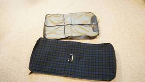 lot 198 image: Two Hanging Wardrobe Luggages--Samsonite--One Is Leather & One Is A Plaid Canvas