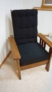 lot 200 image: Wooden Chair W Navy Blue Fabric Back & Seat Cushions----Has An Adjustable Back