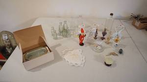 lot 207 image: Many Perfume Containers--(Some Are Oriental)--A White Sachet Cushion--Glass Item W Mirrored Bottom