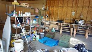 lot 256 image: Two Metal Racks Filled W Miscellaneous Garage Items--Racks Are 6 Feet  x 6 Feet