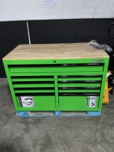 International 46 in. W x 24.5 in. D 9-Drawer Tool Chest Mobile Workbench with Solid Wood Top in Green. See Pictures