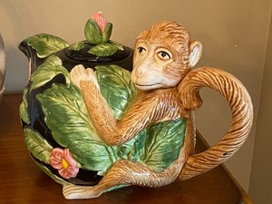 Fritz & Floyd Monkey Figurine Teapot and Ceramic Decorative Basket