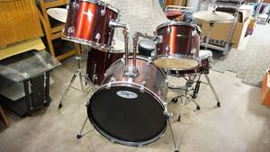 lot 1 image: Red Sound Percussion Seven Piece Drum Set--Plus Stool
