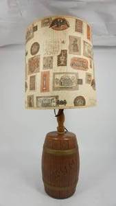 lot 5 image: Brown Ceramic Barrell Lamp W Lamp Shade