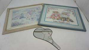 lot 13 image: Framed & Matted Picture Of A Street Full Of Homes--Framed & Matted Picture Of Two Bears--Neat Hand Held Mirror