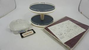 lot 15 image: Lazy Susan--Multi Purpose Organizer--One Quart Corning Ware Casserole Dish W Clear Glass Lid
