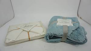 lot 18 image: Living Quarters (230 Thread Count) Santeen Queen Sheet Set & A 3D Embossed Lt Blue Shiny Velvet Throw