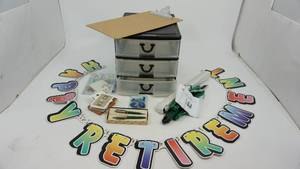 lot 23 image: Three Drawer Gracious Living Storage Bin--8 Pc. Gift Set--Grand Casino Mille Lacs Playing Cards--Parker Pen & Pencil Set--A Clip Board--Happy Retierment--Stainless Steel Weeder With Free Gloves