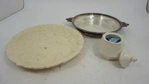 lot 27 image: Round Serving Platter From Italy--Pyrex Pie Plate-- Silver Plated Carrier For Pie Plates--White Sugar Bowl WLid