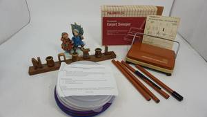 lot 30 image: Wooden Noel  Three Candle Holder--Fuller Brush Electrostatic Carpet Sweeper--Avon First Edition CHRISTMAS MEMORIES Porcelain Figurueine-1981