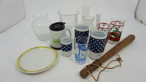 lot 33 image: Wooden Billy Club--One Salad Plate--Bingo Emporium Beverage Mug--Six Glasses--Five Flower Vases