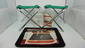 lot 35 image: Two Green Wood & Canvas Folding Camp Stools--Outdoor Snow Catcher Mat--A Glossary Of Literary Terms--Master & Johnson Book