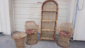 lot 37 image: Two Wicker Chairs W Cushions--Wicker Table--Four Shelf Wicker Shelving Unit