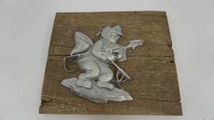 lot 83 image: Young Boy With Fishing Rod & Fishing Net & Fish On Rough Looking Wood