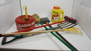 lot 95 image: Preen Garden Weed Preventer-- 5.625 lbs--Pitchfork--Fiskars Quick Fit Rake--Two Brooms & One Rake-Red Gasoline Can