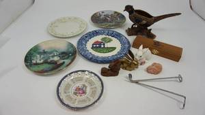 lot 101 image: Five Decorative Plates--Small Wooden Storage Box--Pheasant Flower Pot--Four Little Rabbit Items--Wood Wick  Clean Cut Wicker Cutter