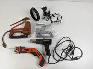Assorted Tools- Wagner Heat Gun, Master Mechanic Electric Staple Gun, Swingline Power Gun 1000 Staple Gun, Black & Decker Hand Saw, Adjustable Pliers, Electrical Light