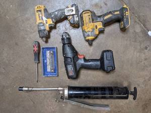 Assorted Tools- (2) Dewalt Rechargeable Drills, (1) Black & Decker Rechargeable Drill, Caulk Gun, Multipurpose Drafting Ruler, Screwdriver