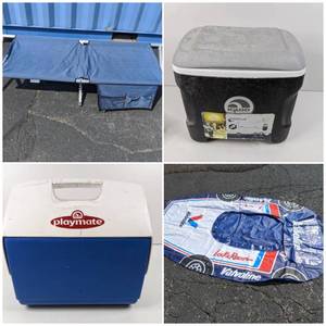 16 Quart Playmate Cooler and 30 Quart Igloo Cooler & Valvoline Inflatable Raft and Adventureridge Fold-Up Camping Cot