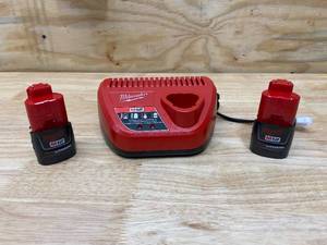 lot 11 image: MILWAUKEE M12 12-Volt Lithium-Ion Battery Charger with 2- M12 12-Volt Lithium-Ion Compact Battery Packs (1.5Ah)