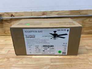 lot 119 image: HAMPTON BAY Campbell 52 in. LED Indoor Mediterranean Bronze Ceiling Fan with Light Kit and Remote Control