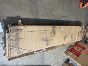 lot 57 image: Hampton Bay 11 ft. Aluminum Cantilever Solar LED Offset Outdoor Patio Umbrella in Putty Tan In good conditions