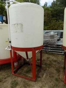 lot 11 image: Cone Bottom Poly Tank and Stand with Valves & Piping
