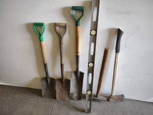 lot 203 image: (3) Shovels, Sledge, Axe, & Level...