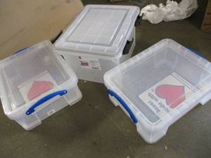 lot 239 image: 3 Plastic Storage Bins one has a m...