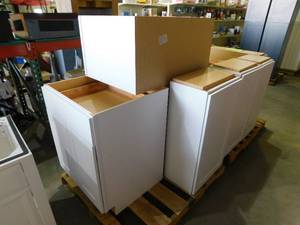 Shaker Satin White Stock Assembled Kitchen Cabinet Lot of 8 Cabinets - Starter Set