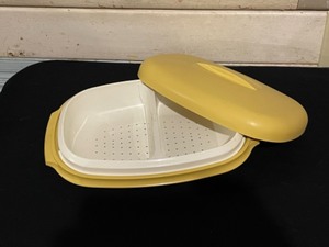 Vintage Tupperware Harvest Gold Steamer Rice Cooker and Store and Pour containers, Vintage wood roller, wood cat wall hanging
