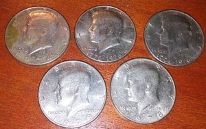 lot 185A image: 5 Kennedy half dollars
