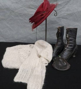 lot 11 image: ANTIQUE VINTAGE BOOTS, SHAWL, COIN PURSE, HAT