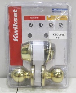 lot 831 image: Kwikset Polo Polished Brass Entry Door Knob and Single Cylinder Deadbolt Combo Pack with Microban Antimicrobial Technology
