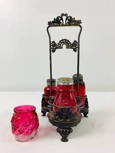 lot 2 image: Antique Cranberry Glass Salt & Pepper Shakers and Antique Rockford Silver Plated Decorative Cruet