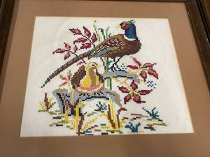lot 122 image: Vintage Framed Pheasant And Duck Embroidery Pieces