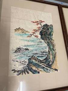 lot 123 image: Pair of Lovely Vintage Japanese Motif Paintings on Canvas