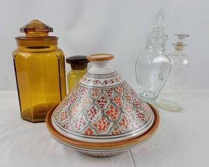 lot 56 image: Beautiful Vintage Amber Glass Lidded Cannisters, Clear Apothecary Jars and Tagine Pottery Items