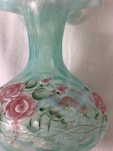 lot 210 image: Lovely Signed George Fenton Aqua Glass Vase with Pink Roses