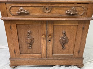 lot 223 image: Antique Wood Cabinet and Gilded Round Mirror