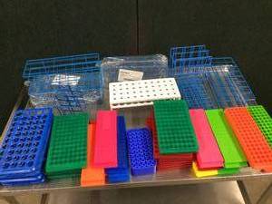 lot 38 image: Large Lot Of Plastic Test Tube Holders, Stands &amp Racks - Like New Condition