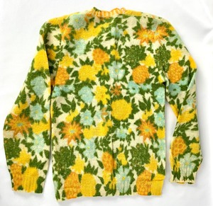 lot 109 image: Childs Vintage 1960s Wool Sweater In GoldOliveLt. Blue Floral, Size 10-12