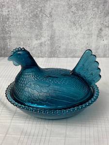 lot 218 image: Three Vintage Glass Rooster Covered Dishes